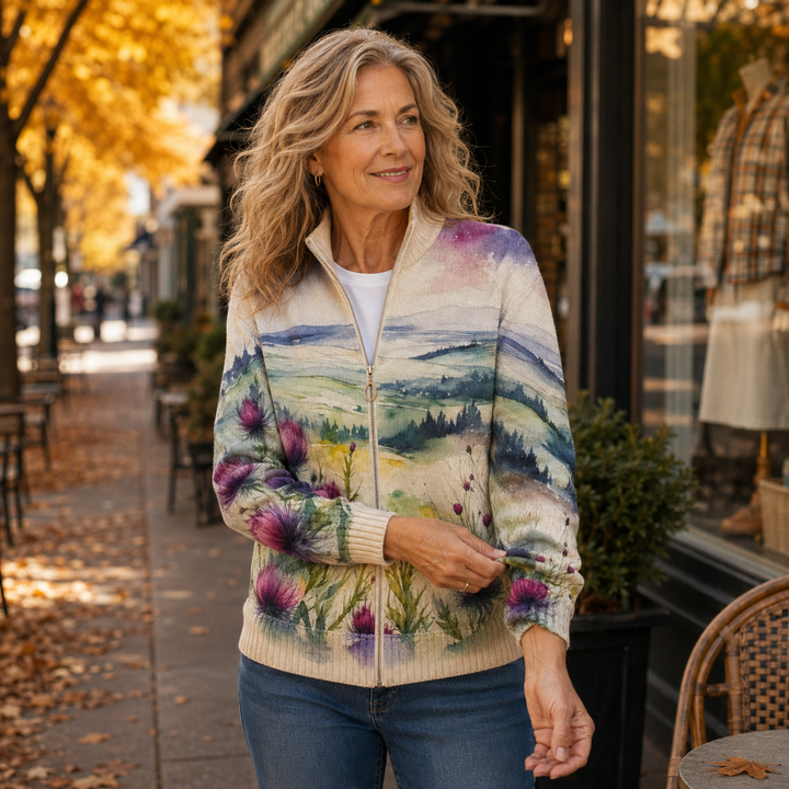 Avery - Cardigan zippé paysage de chardon écossais