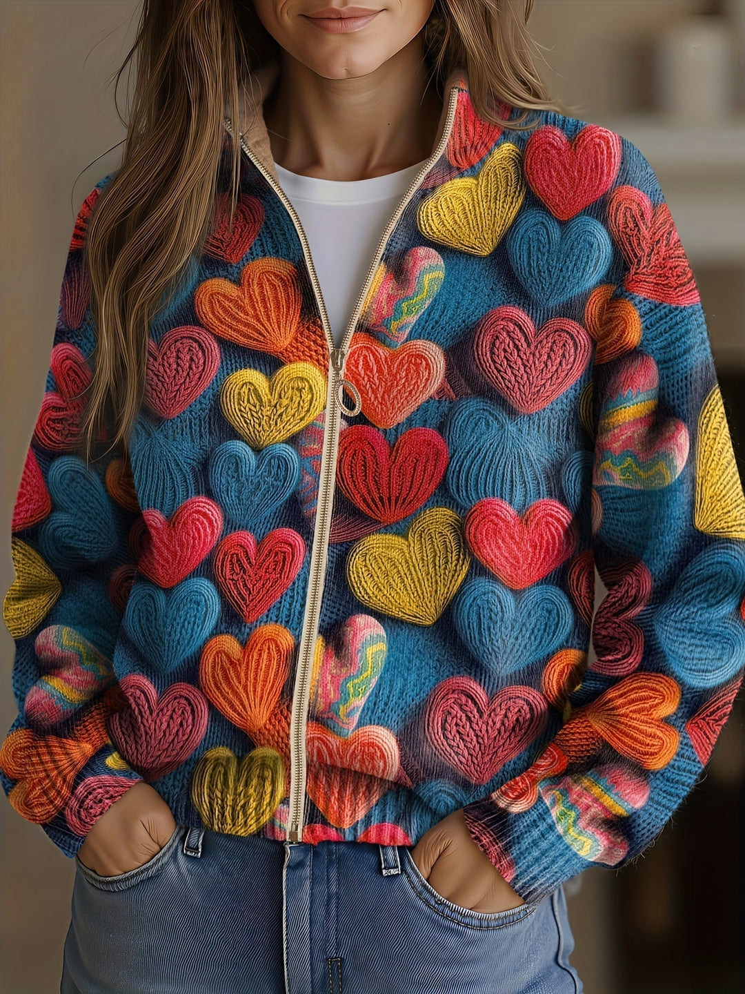 Madeline - Motif Tricot Texturé Cœurs Multicolores