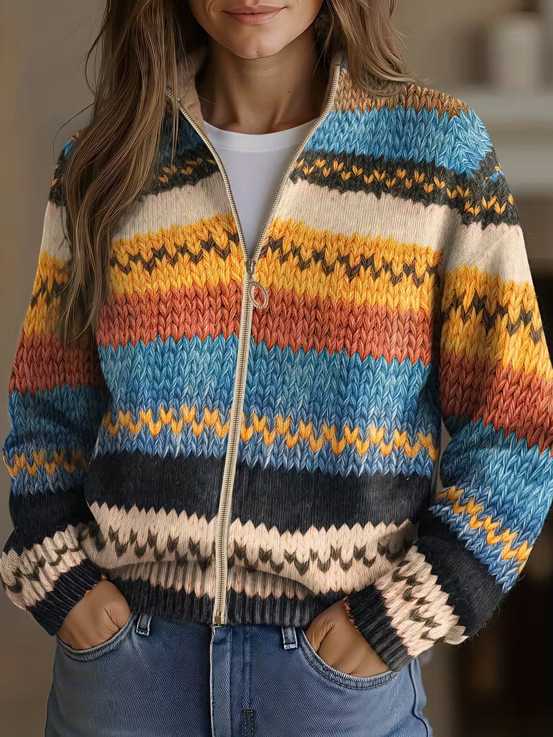 Jenna - Cardigan en tricot à rayures zigzag multicolores