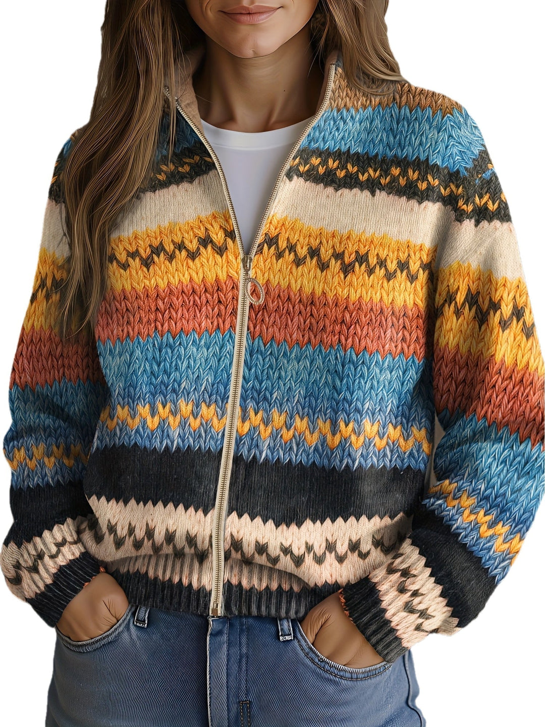 Jenna - Cardigan en tricot à rayures zigzag multicolores