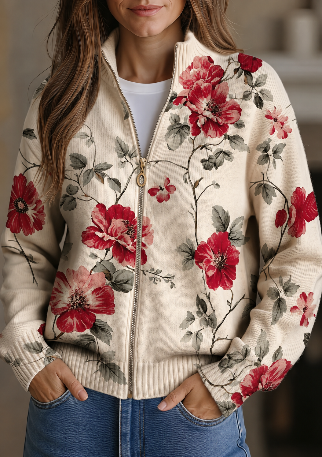 Penelope - Gilet zippé à imprimé rose vintage