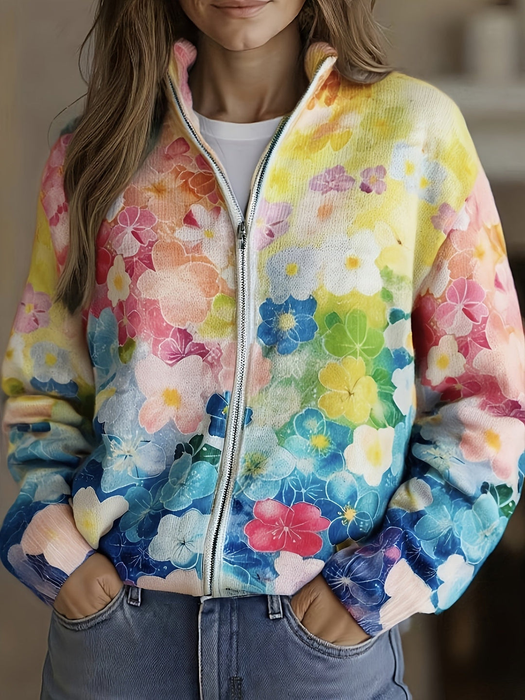 Natalie - Cardigan zippé ombre floral aquarelle