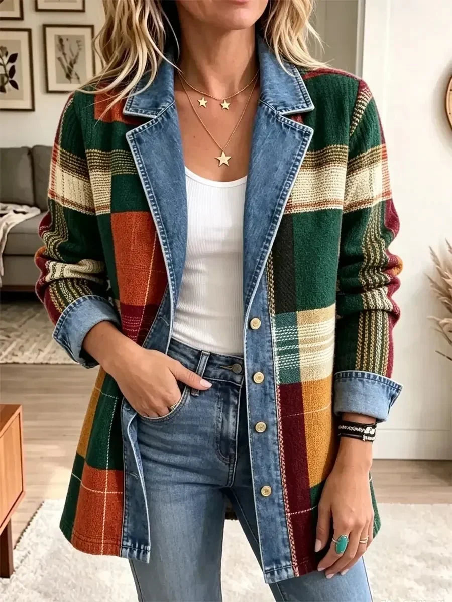 Claire | Veste en Jean Imprimée Art Plaid Rétro