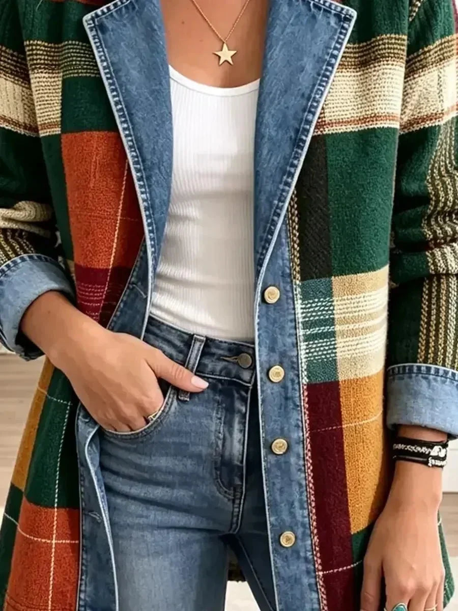 Claire | Veste en Jean Imprimée Art Plaid Rétro