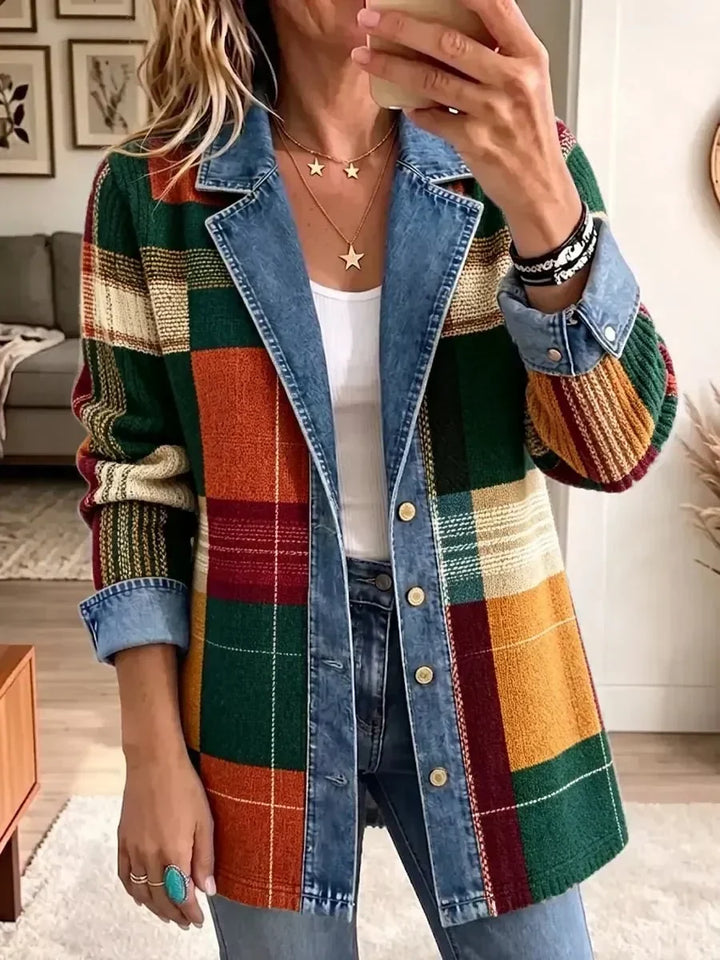 Claire | Veste en Jean Imprimée Art Plaid Rétro