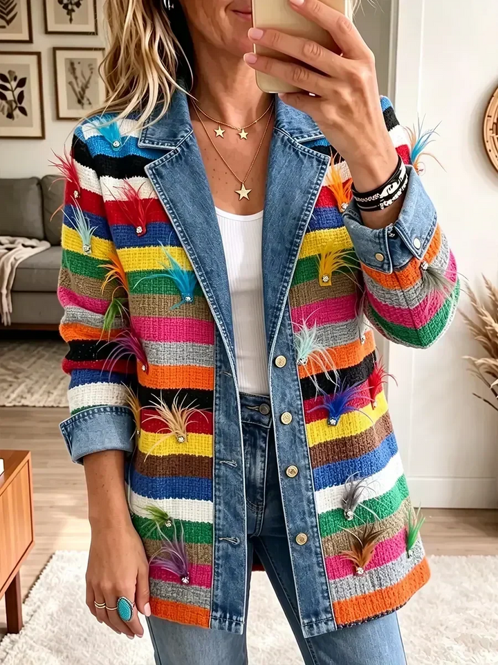 Caroline | Veste en Jean Imprimée Plumes Vintage