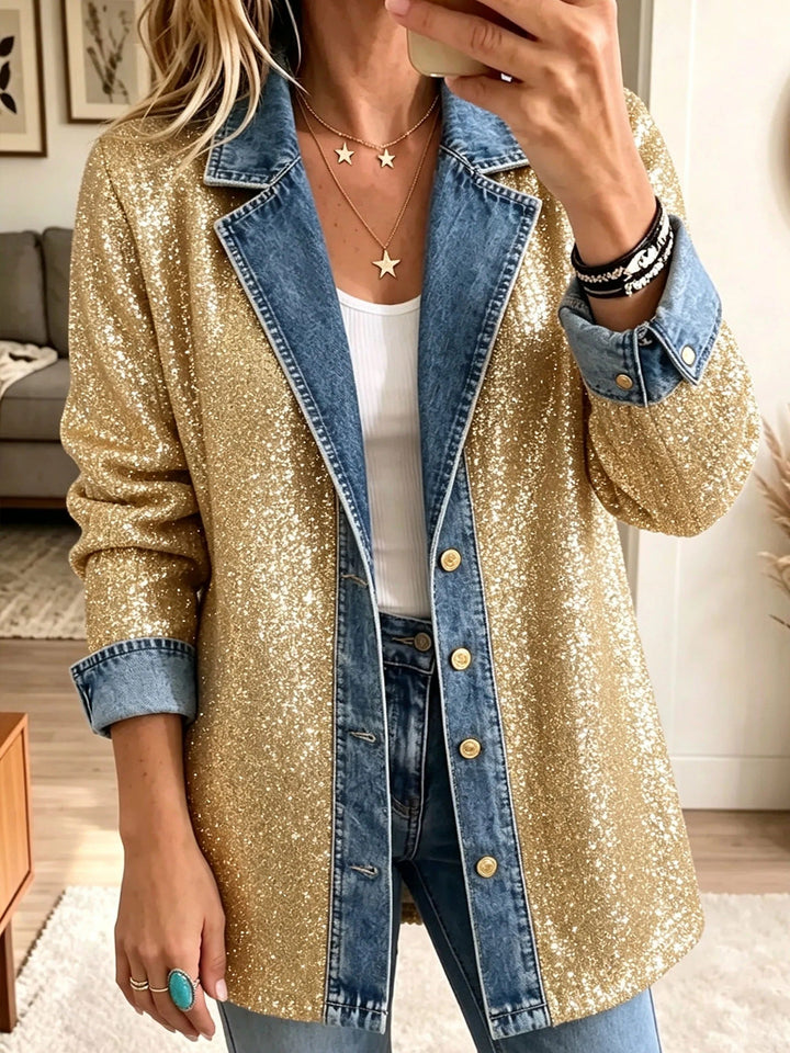 Addison | Veste en Denim Patchwork Pailletée Or