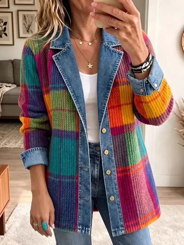 Chloe | Veste en Jean Patchwork à Carreaux Vintage