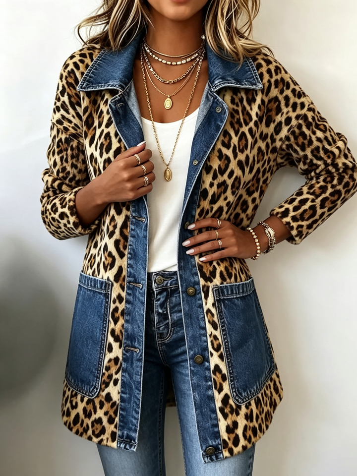 Madeleine | Veste longue en denim à motif léopard avec contraste