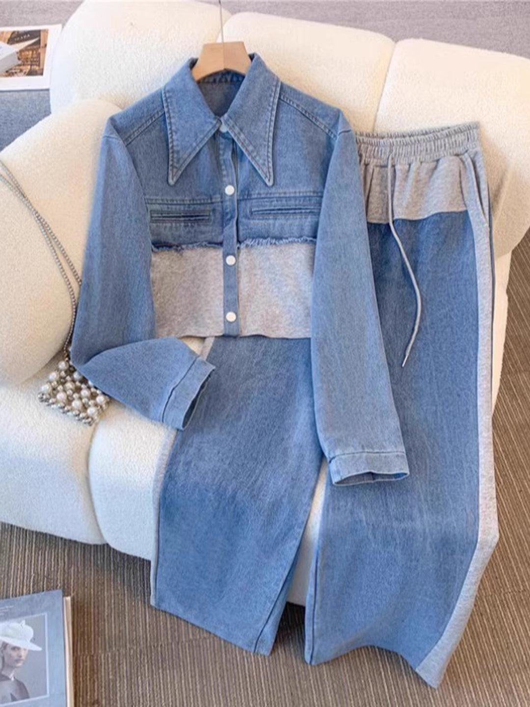 Danielle | Ensemble Veste Croppée à Blocs de Couleurs & Pantalon Large