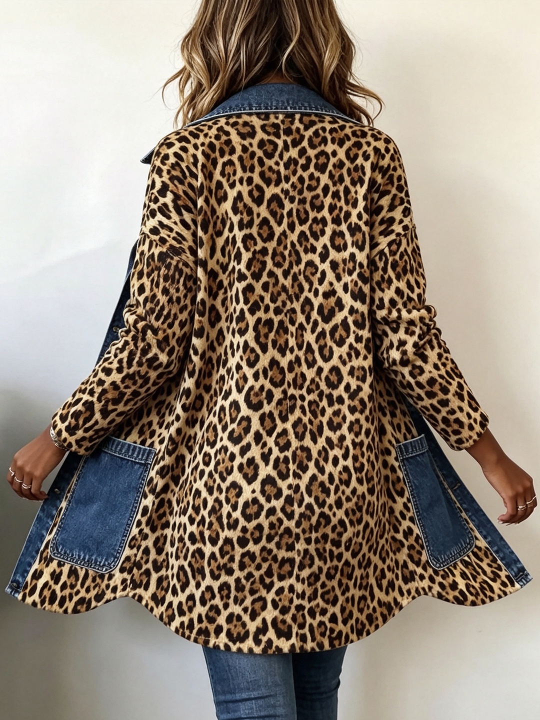 Madeleine | Veste longue en denim à motif léopard avec contraste