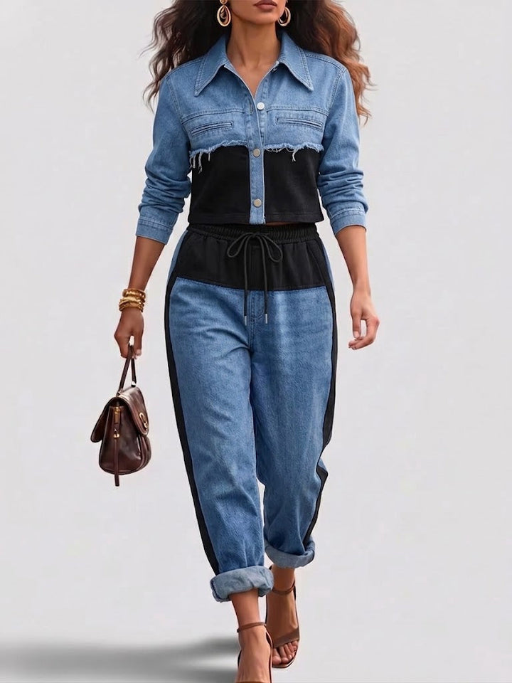 Danielle | Ensemble Veste Croppée à Blocs de Couleurs & Pantalon Large