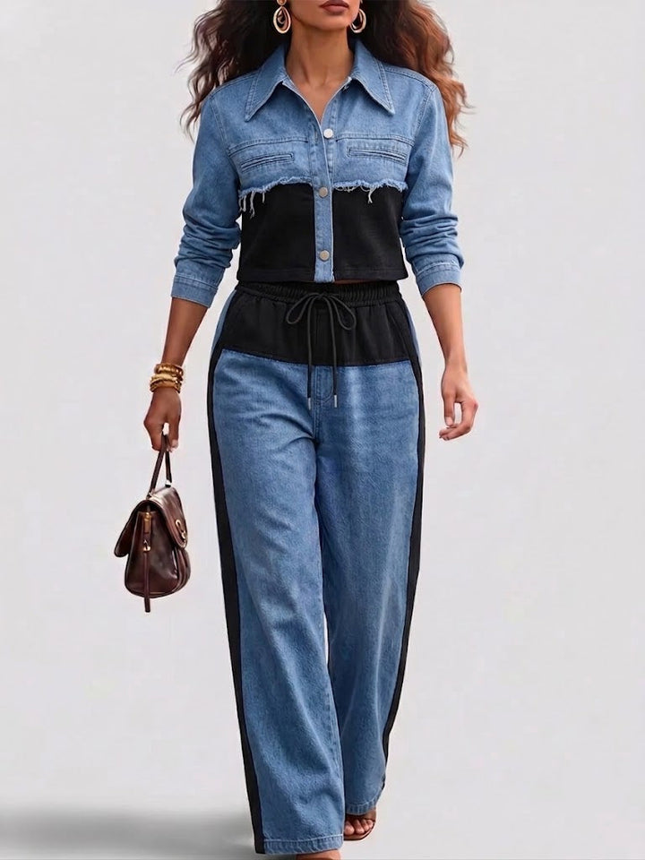 Danielle | Ensemble Veste Croppée à Blocs de Couleurs & Pantalon Large