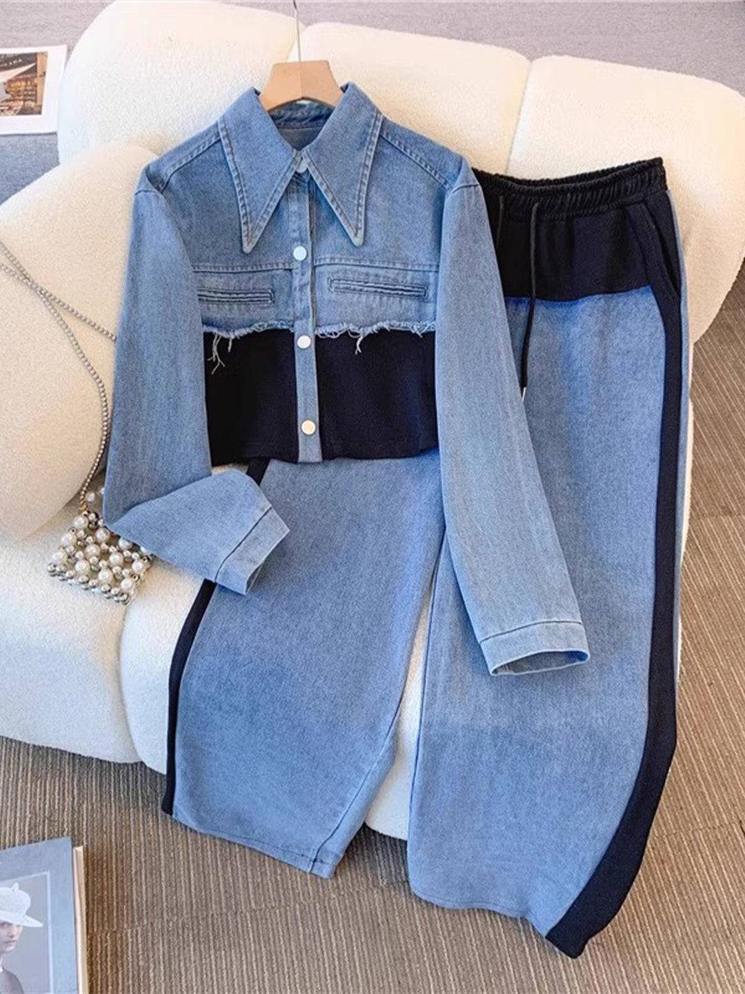 Danielle | Ensemble Veste Croppée à Blocs de Couleurs & Pantalon Large